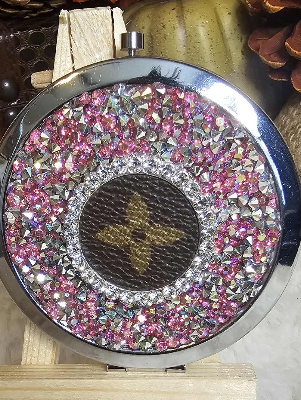 Luxury Inspired Compact Mirror with Pink Crystal Accents
